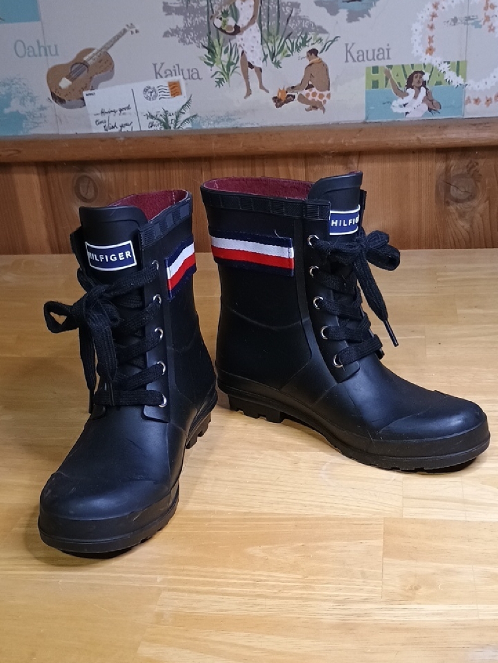Tommy Hilfiger Black Lace-Up Mid-Calf Rain Boots with Flag Stripe